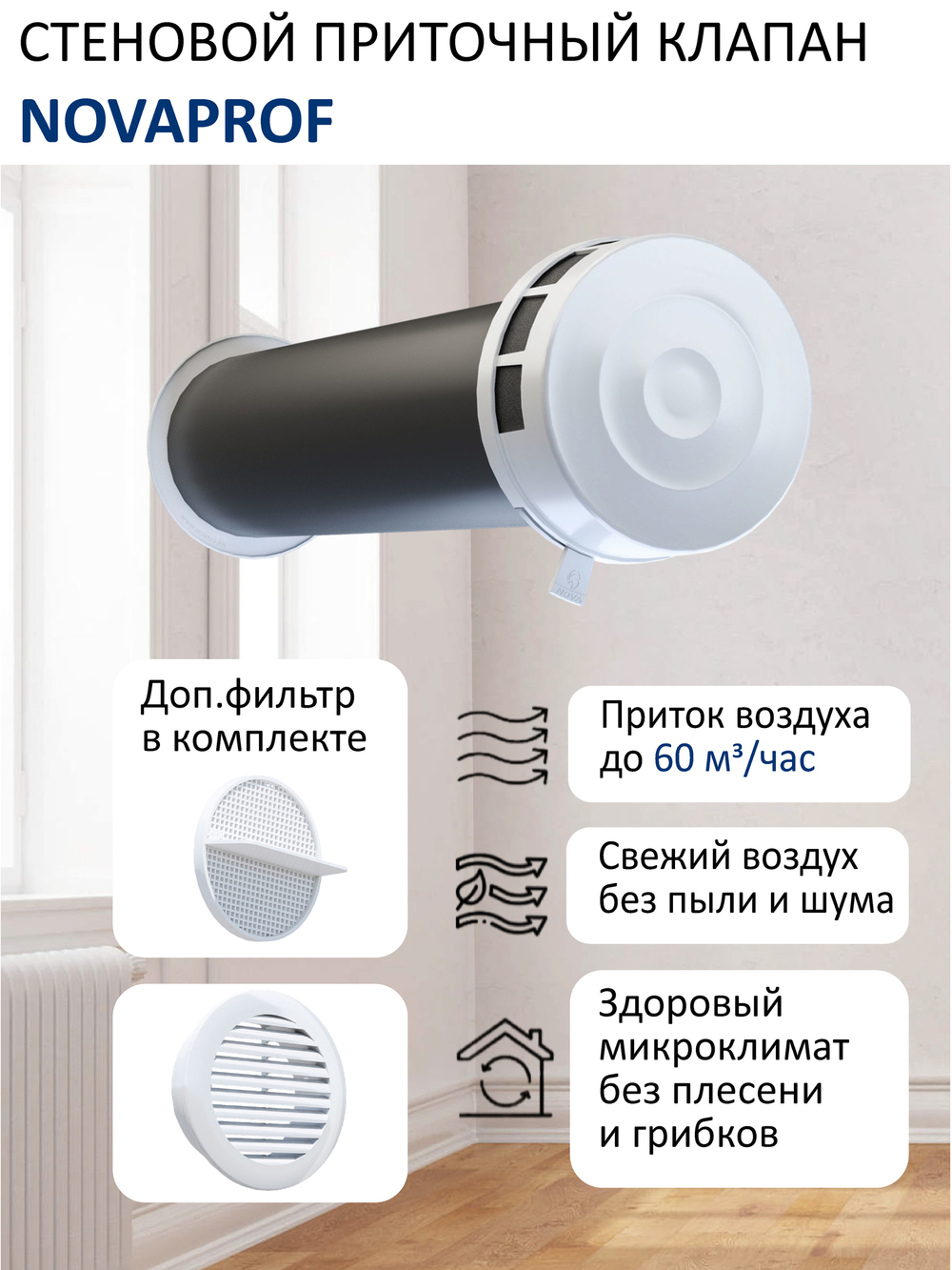 Приточный шумозащитный клапан NovaPROF КИВ-125 с фильтром, вентканалом 0,5 м. и белой решеткой RAL9016