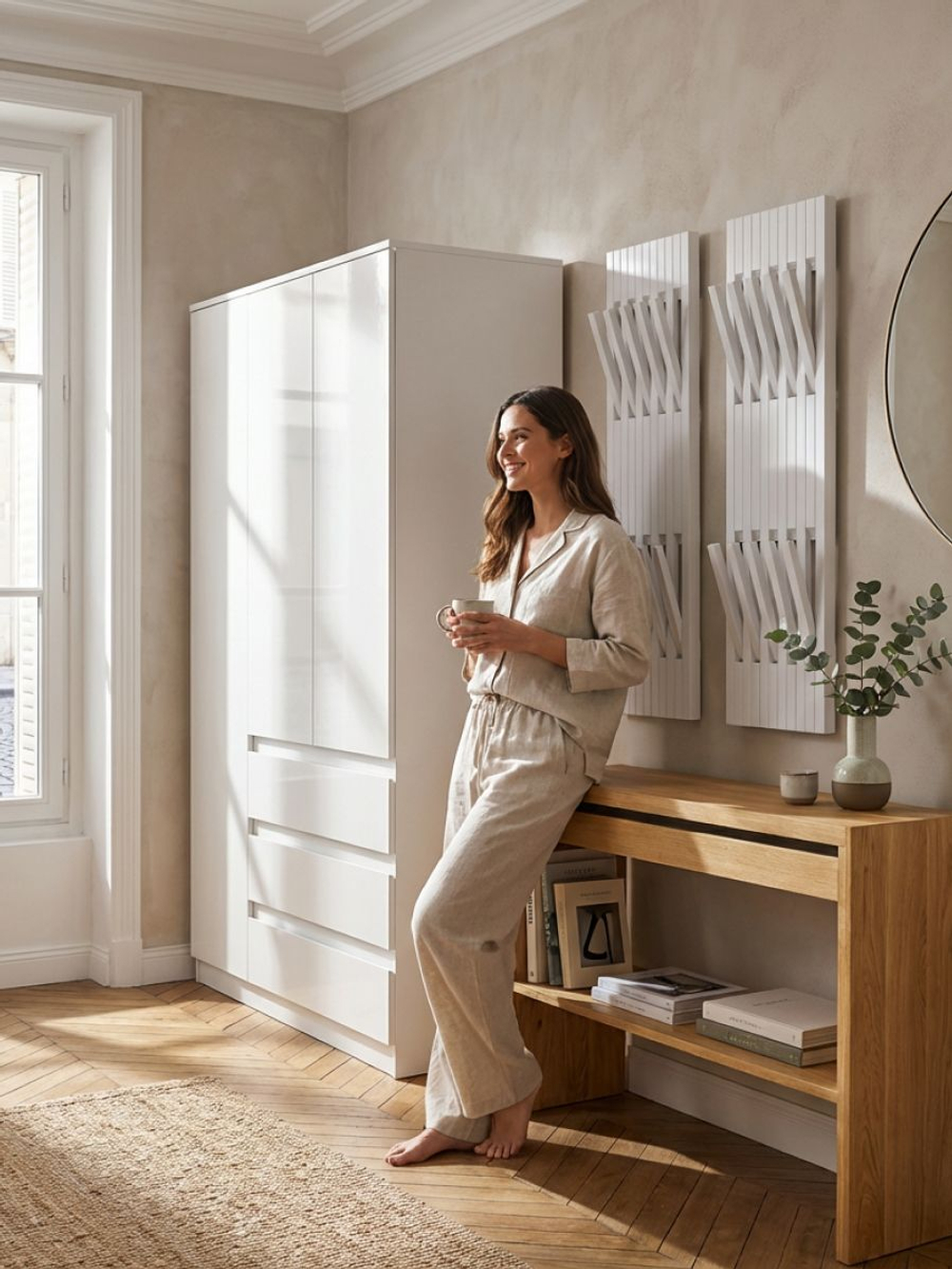 Шкаф 120х50х220, Марм, распашной для одежды, 3 двери 3 ящика, со штангой и полками, в прихожую, белый, Dipriz