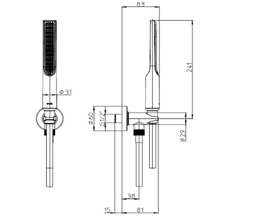 Bossini Apice душ ручной Ø31x241 мм, шланговое подсоединение со встроенным держателем, шланг Cromolux 1500 мм, цвет хром