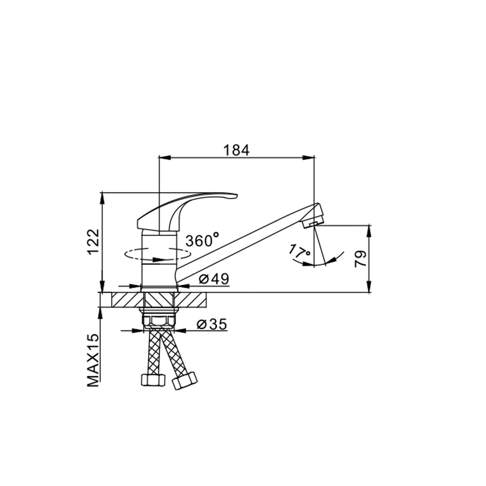 Смеситель для кухни 35к F4536-2 FRAP б/отв (плоск.пов.излив, п/гайку, хром, латунь)