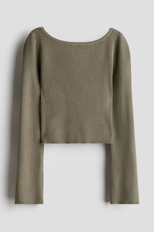 H&M Топ в рубчик с длинными рукавами, хаки