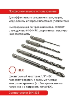 Набор сверл по металлу c шестигранным хвостовиком 5 шт VIRA