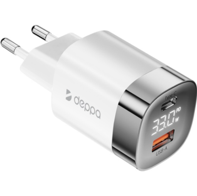 СЗУ Deppa USB-C + USB A, PD 3.0, QC 3.0, 33W, дисплей, белый (11444)