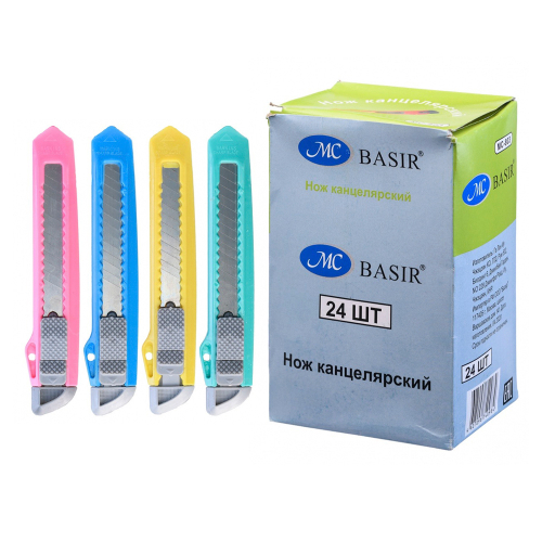 Нож канцелярский Basir для бумаги, 18 мм, 4-х цветов, 24 шт