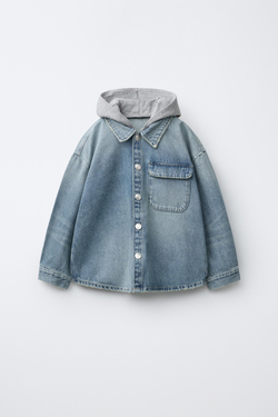 ZARA ДЖИНСОВАЯ КУРТКА-РУБАШКА СО СЪЕМНЫМ КАПЮШОНОМ, ВЫЦВЕТШИЙ СИНИЙ