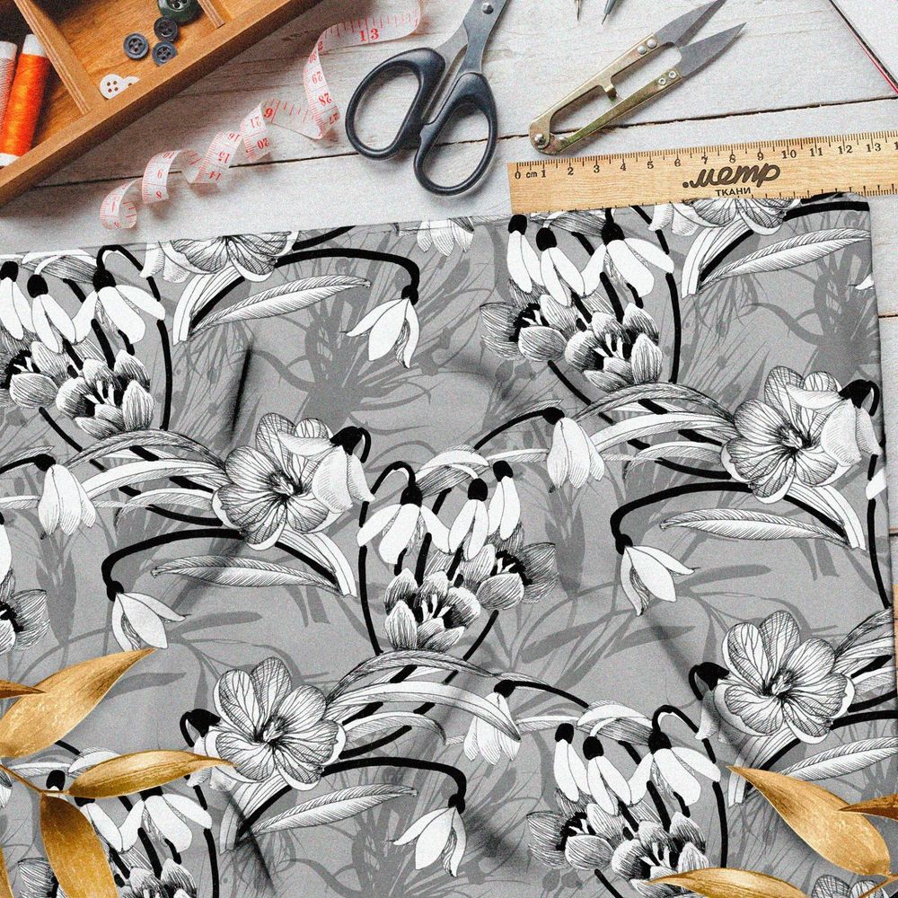 Ткань кулирная гладь серый цветочный орнамент