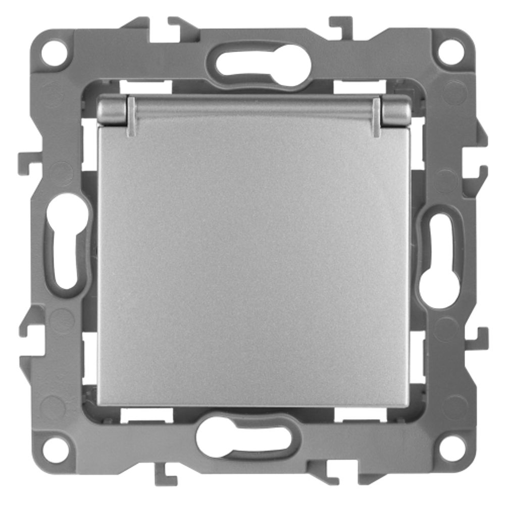 12-2103-03 ЭРА Розетка 2P+E Schuko со шторками с крышкой, 16A-250В, IP20, Эра12, алюминий | ЭРА 12 Алюминий