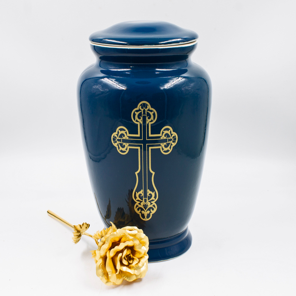 Урна для праха фарфор "Амфора" синяя с крестом