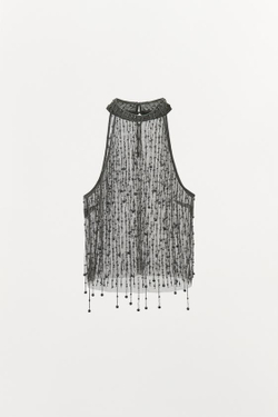 ZARA ТОП С ГОРЛОВИНОЙ ХАЛТЕР И БАХРОМОЙ С БУСИНАМИ, СЕРЕБРИСТЫЙ