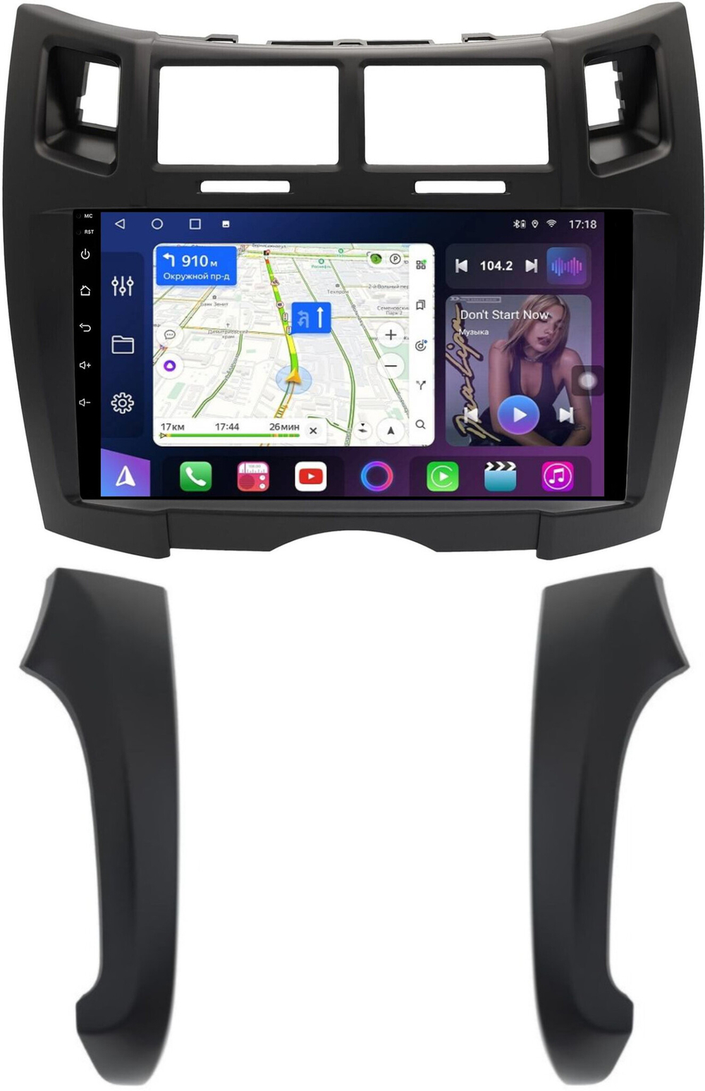 Магнитола для Toyota Vitz 2, Yaris 2 2005-2011 (рамка черная тип 2) - FarCar BM9647F2B на Android 13, QLED, TS10, 4Гб+32Гб, CarPlay, 4G SIM-слот