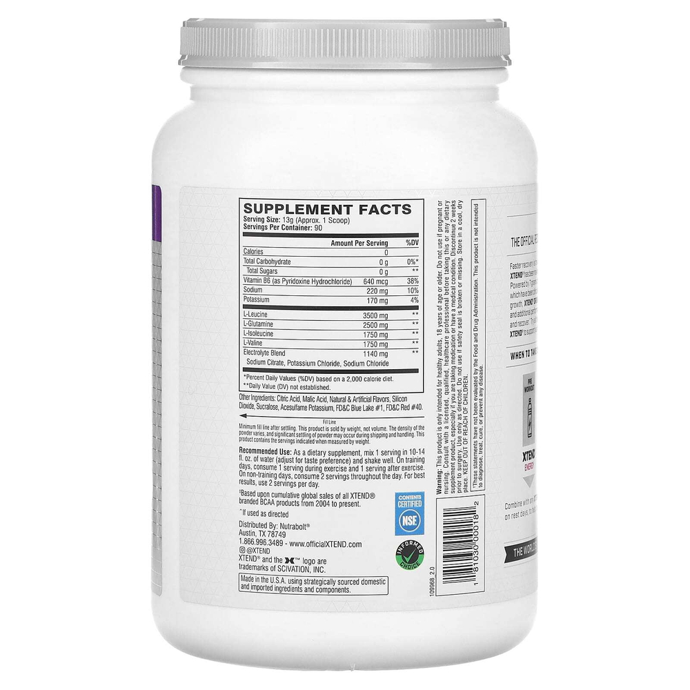 XTEND, The Original, добавка с содержанием 7 г аминокислот с разветвленной цепью (BCAA), со вкусом винограда, 1,17 кг (2,58 фунта)