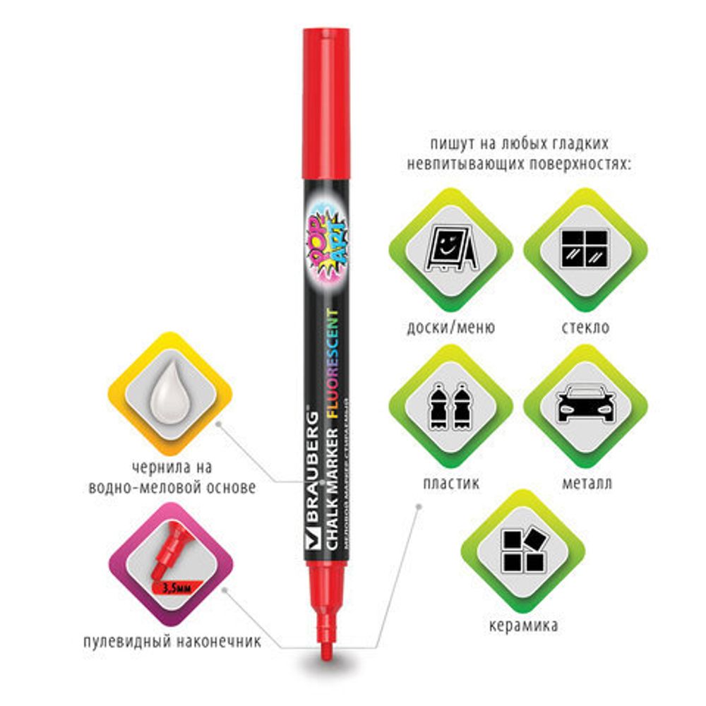 Маркер меловой "POP-ART" КРАСНЫЙ, 3,5 мм, сухостираемый, для гладких поверхностей, BRAUBERG, 151521