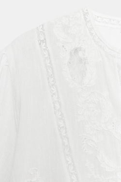 ZARA РУБАШКА С ВЫШИВКОЙ И КРУЖЕВОМ — ZW COLLECTION, БЕЛЫЙ