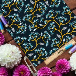 Ткань ниагара голубые цветы на золотых стеблях