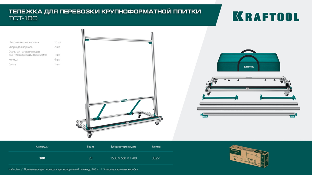 KRAFTOOL TCT-180 макс нагрузка 180 кг, Тележка для перевозки крупноформатной плитки (33251)