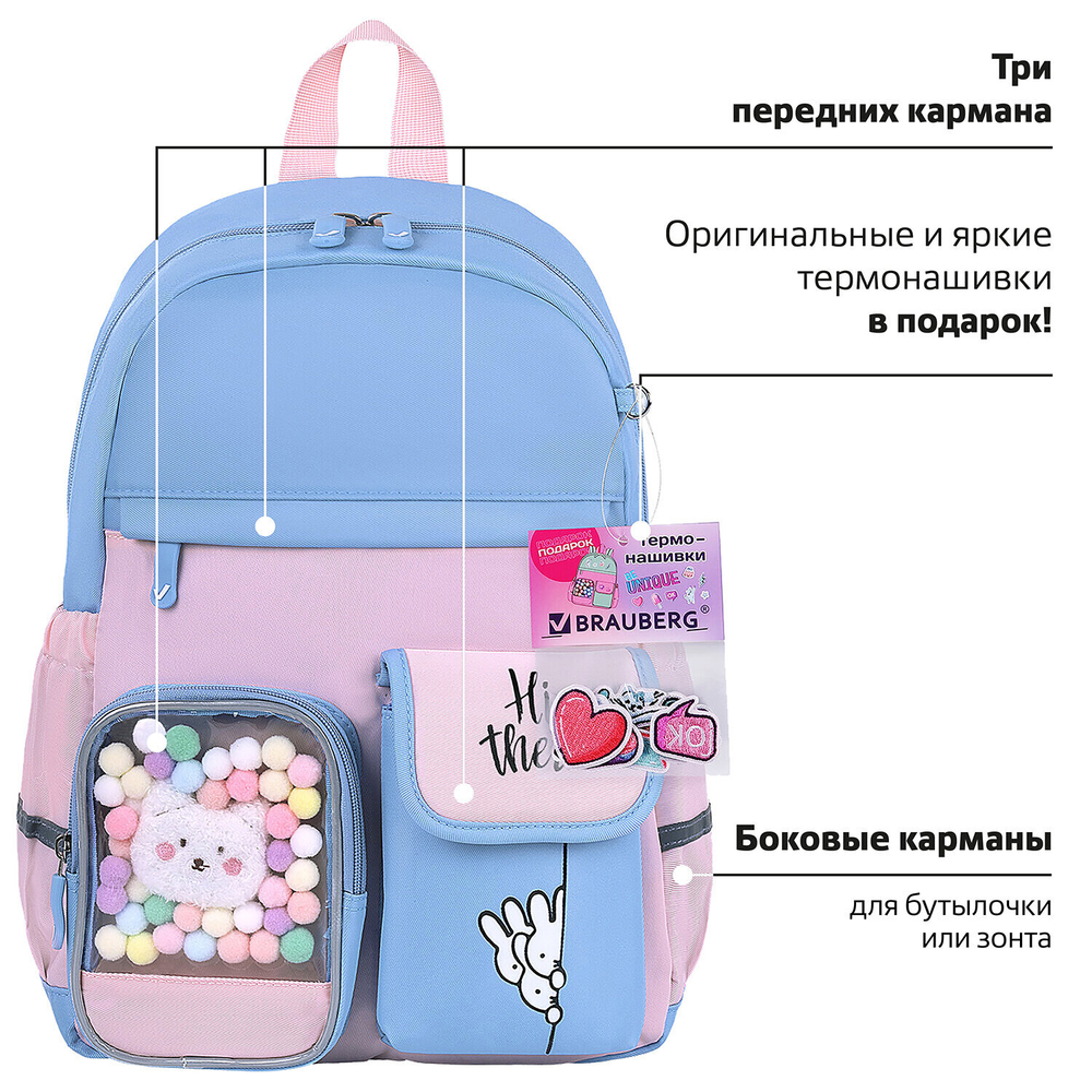 Рюкзак BRAUBERG PASTEL с термонашивками в комплекте, "Friendly bunnies", голубой, 40х29х14 см, 271423