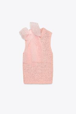 ZARA ТРИКОТАЖНЫЙ ТОП С БАНТОМ ИЗ ОРГАНЗЫ, РОЗОВЫЙ