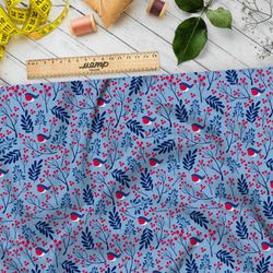 Ткань таффета брусника и глаза на голубом фоне