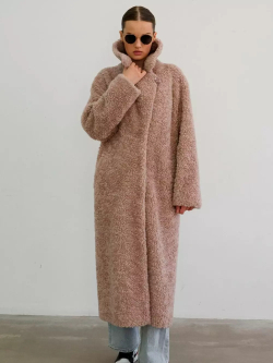 Шуба чебурашка длинная из овечьей шерсти, розовая-пудра, SilverFox