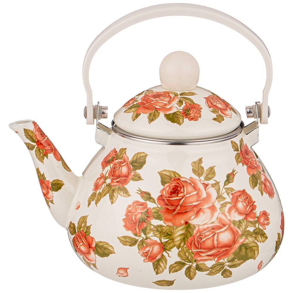 ЧАЙНИК AGNESS ЭМАЛИРОВАННЫЙ СО СЪЕМНЫМ ФИЛЬТРОМ ИЗ НЖС, СЕРИЯ "КОРЕЙСКАЯ РОЗА" 1,3 Л
