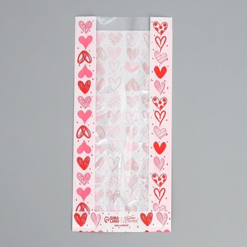 Пакет бумажный фасовочный, крафт, "Сердечки" 15х29х8 см с окном