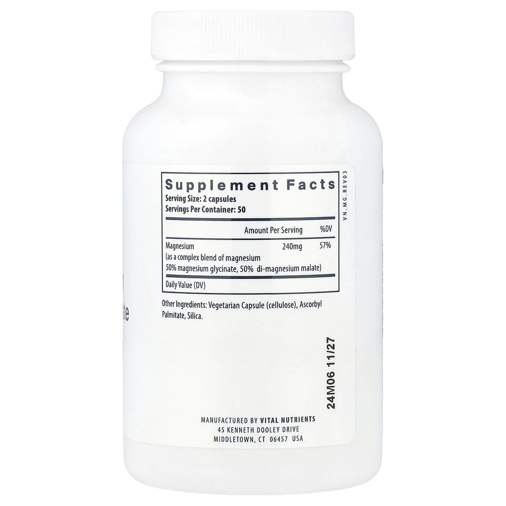 Vital Nutrients, Магний, 240 мг, 100 веганских капсул (120 мг в каждой капсуле)