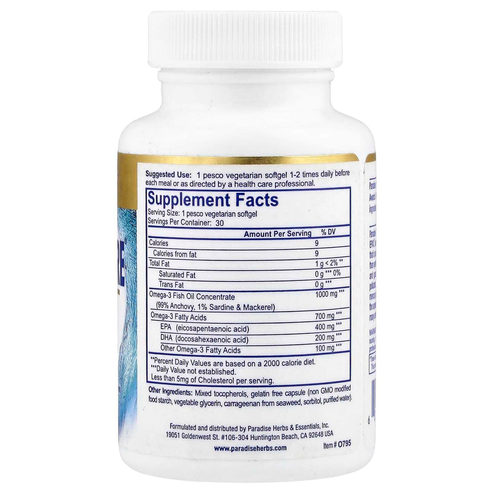 Paradise Herbs, Omega Sure®, премиальный рыбий жир с омега-3, 1000 мг, 30 вегетарианских капсул Pesco