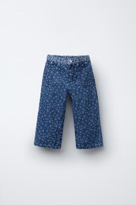 ZARA ДЖИНСЫ С ШИРОКИМИ ШТАНИНАМИ ИЗ ТКАНИ С ЦВЕТОЧНЫМ ПРИНТОМ, ВЫЦВЕТШИЙ СИНИЙ