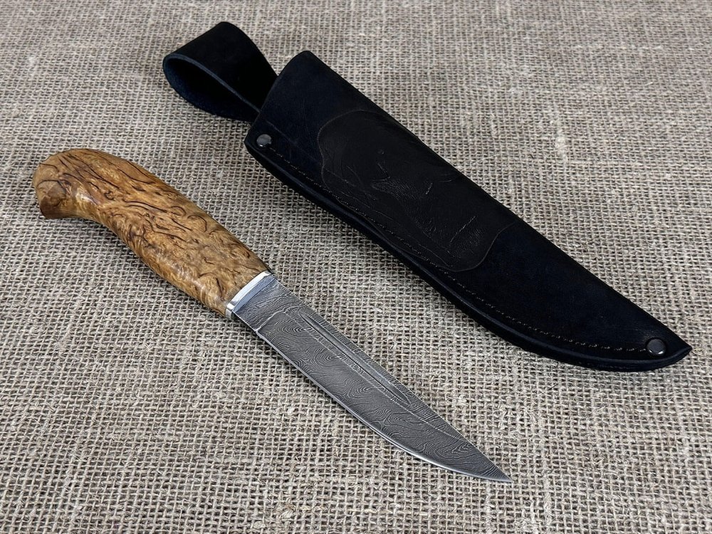 Финский нож Пуукко, Дамасская сталь, рукоять карельская берёза