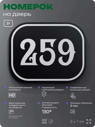 Номерок на дверь квартиры 259, для кабинета, офиса, шильдик 9 х 7 см, черный, Айдентика Технолоджи