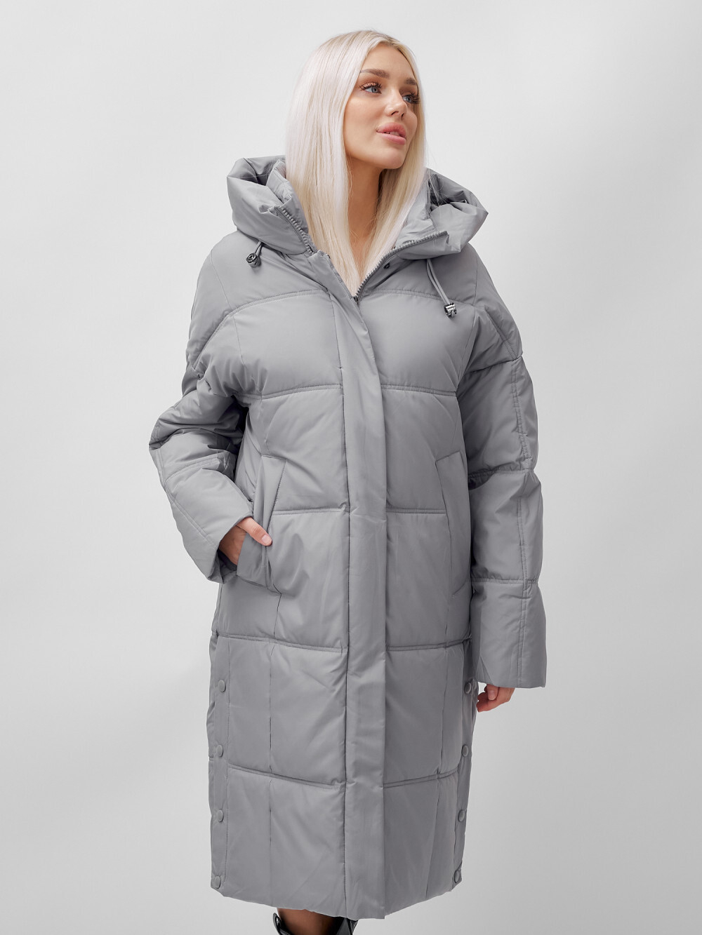 Пальто летучая мышь женское с капюшоном зимнее серого цвета 9619Sr