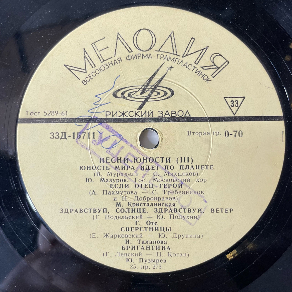 Винтажная виниловая пластинка LP Сборник Песни Юности (СССР 1965) 10 дюймов (Хиль, Кристалинская, Зыкина, Трошин)
