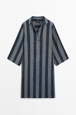 Massimo Dutti Кафтан в полоску из смесового льна и хлопка, синий
