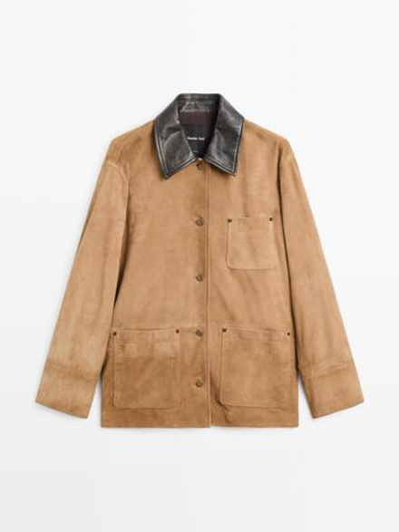 Massimo Dutti Замшевая куртка с воротником, светло-коричневый
