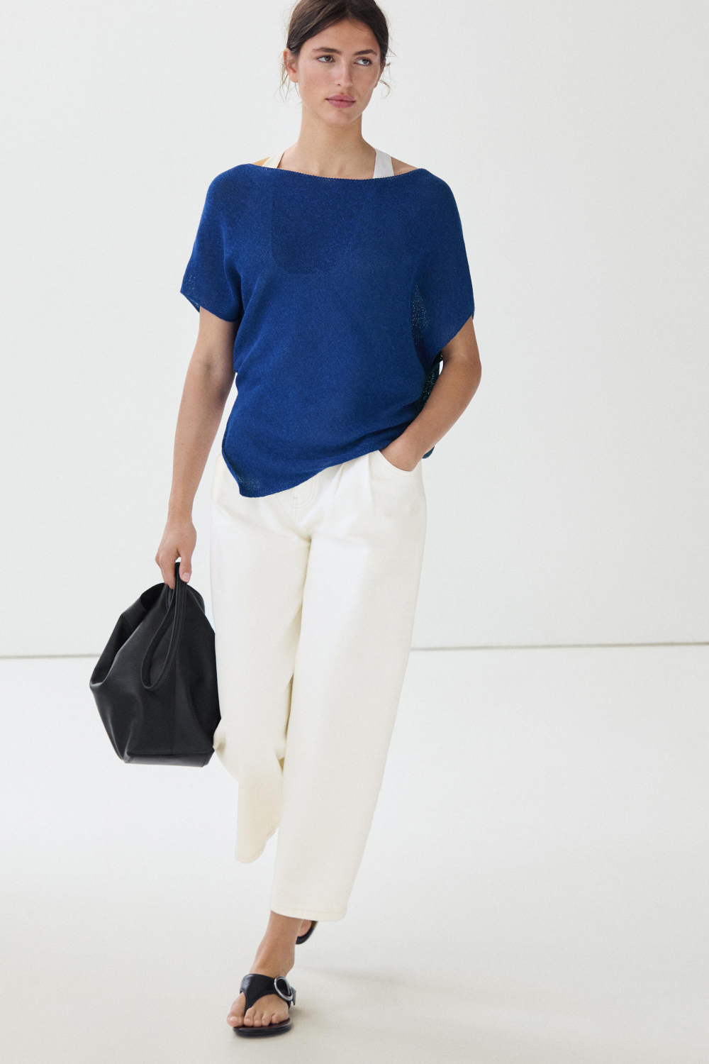 Massimo Dutti Асимметричная футболка из смесового льна с короткими рукавами, светло-синий
