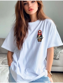 Футболка белая с матрешкой в очках и надписью