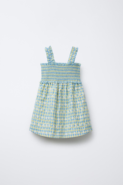 ZARA ПЛАТЬЕ В КЛЕТКУ ВИШИ С ЦВЕТОЧНЫМ УЗОРОМ, ВЫЦВЕТШИЙ СИНИЙ