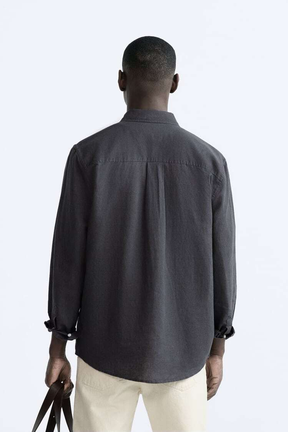 ZARA РУБАШКА ИЗ СМЕСОВОГО ЛЬНА, УГОЛЬНЫЙ