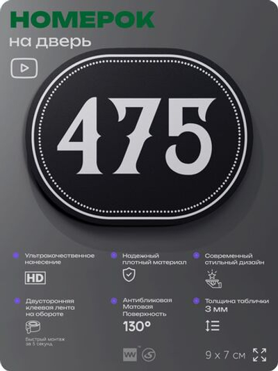 Номерок на дверь квартиры 475, для кабинета, офиса, шильдик 9 х 7 см, черный, Айдентика Технолоджи