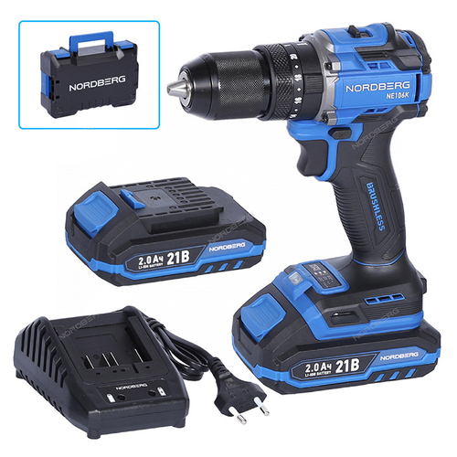 NORDBERG (NE106K) Шуруповерт аккумуляторный макс.диам. сверла 13 мм, 21 В, 70 Нм с 2 аккум. и зар.устр