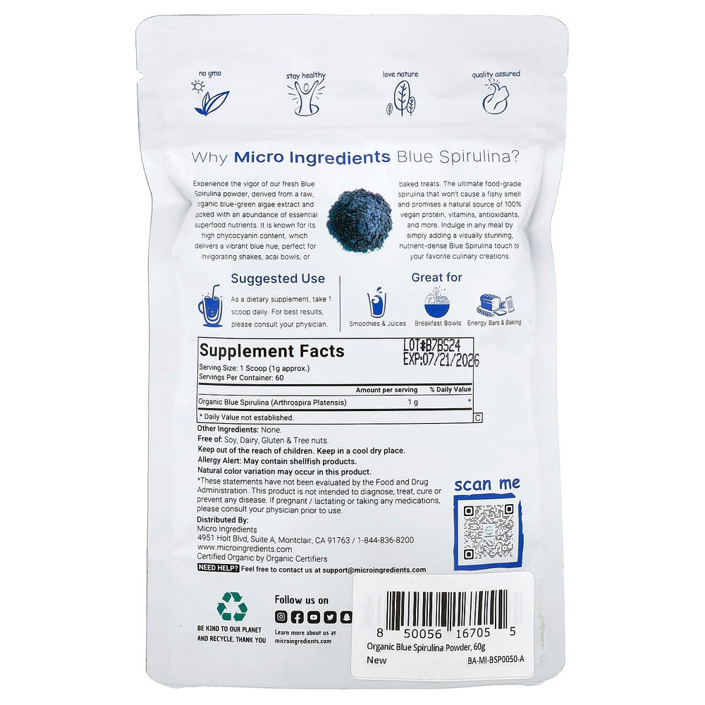 Micro Ingredients, Органическая голубая спирулина, 60 г (2 унции)