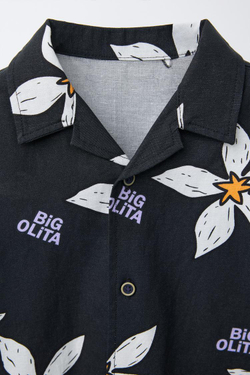 ZARA РУБАШКА С ЦВЕТОЧНЫМ ПРИНТОМ И НАДПИСЬЮ, ЧЕРНЫЙ