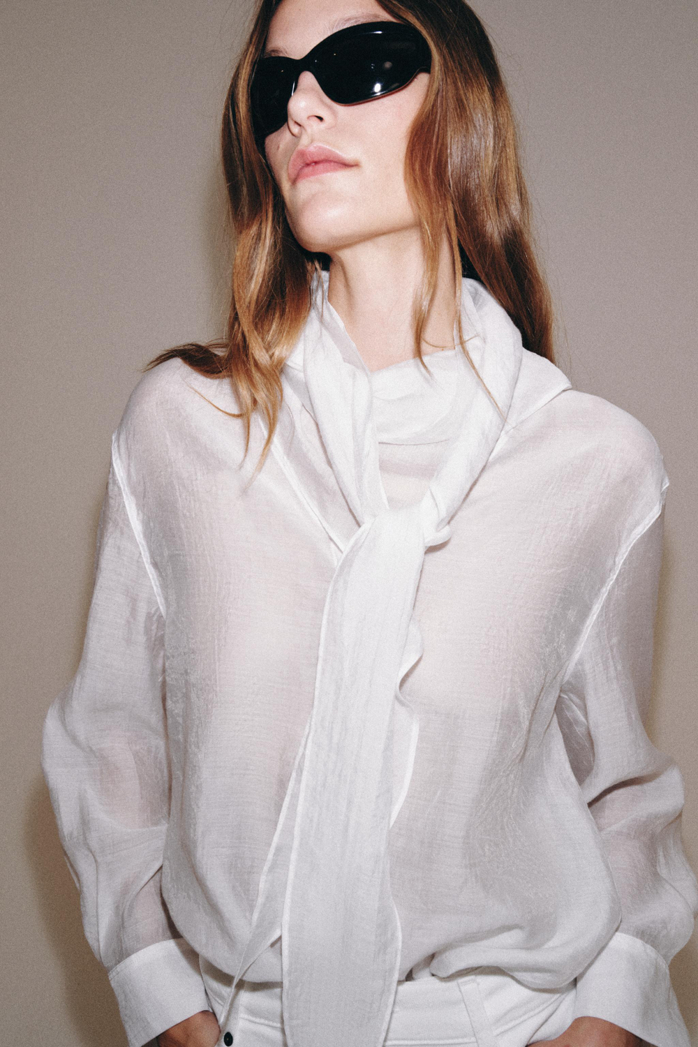 ZARA РУБАШКА С ПЛАТКОМ ZW COLLECTION, БЕЛЫЙ