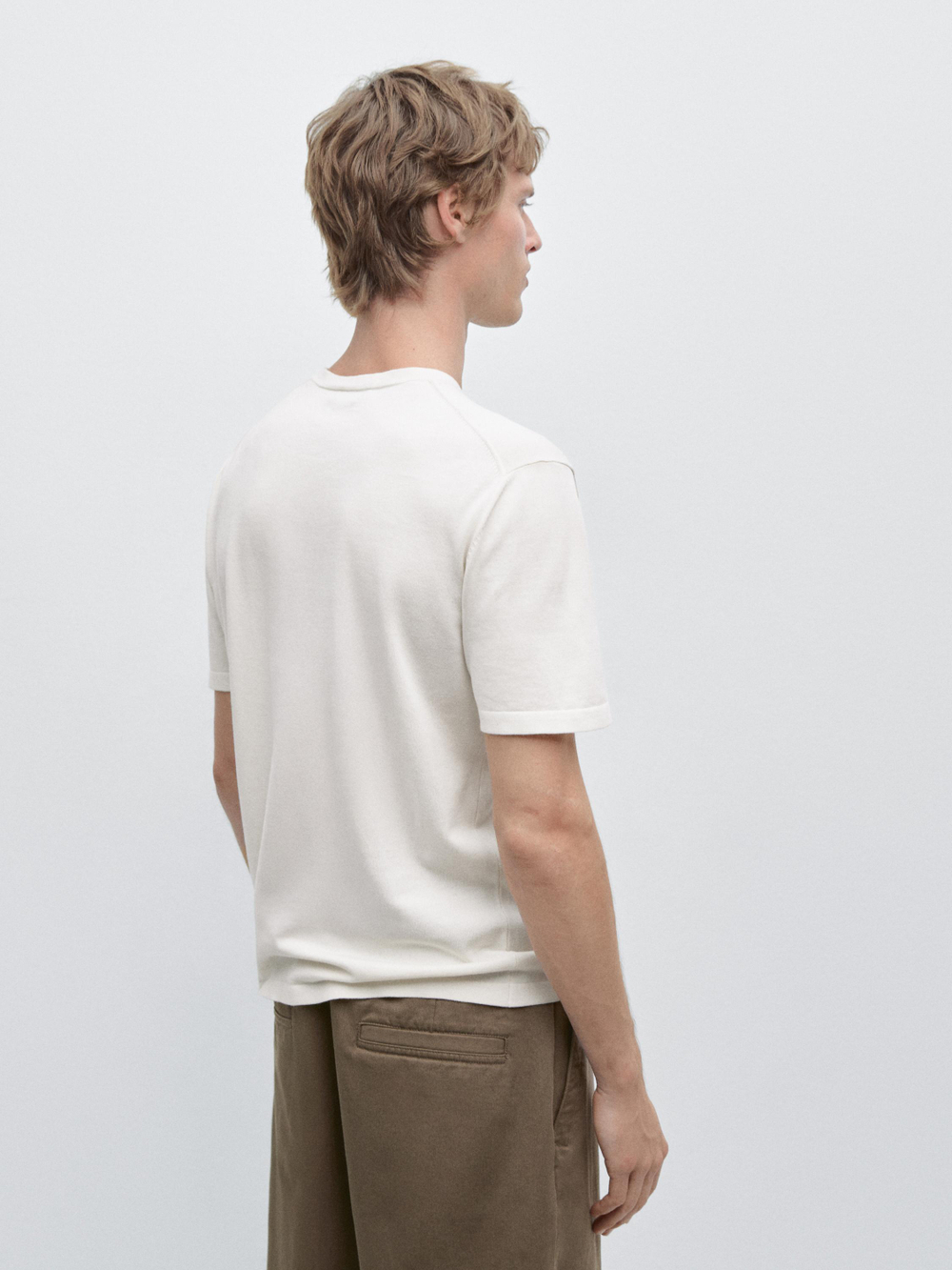 Massimo Dutti Хлопковая футболка с коротким рукавом, кремовый