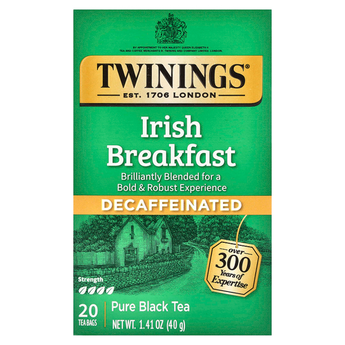Twinings, Чистый черный чай, ирландский завтрак, без кофеина, 20 чайных пакетиков, 40 г (1,41 унции)