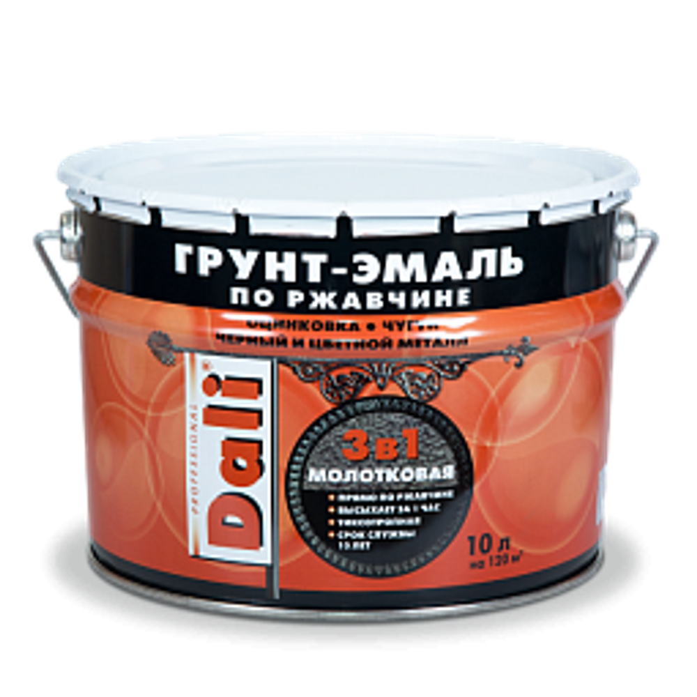 ГРУНТ- ЭМАЛЬ ПО РЖАВЧИНЕ "DALI" 3 В 1 МОЛОТКОВАЯ КОРИЧНЕВАЯ 10 Л (6) "РОГНЕДА"