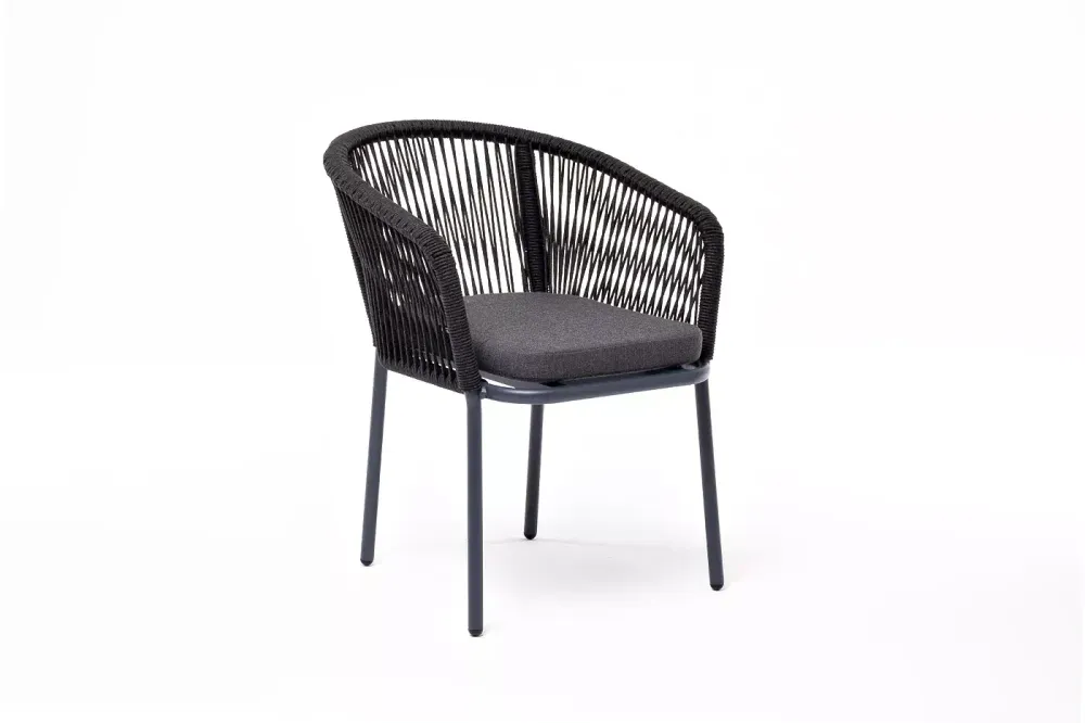 "Марсель" стул плетеный из роупа, каркас алюминий темно-серый (RAL7024) муар, роуп темно-серый круглый, ткань темно-серая 027