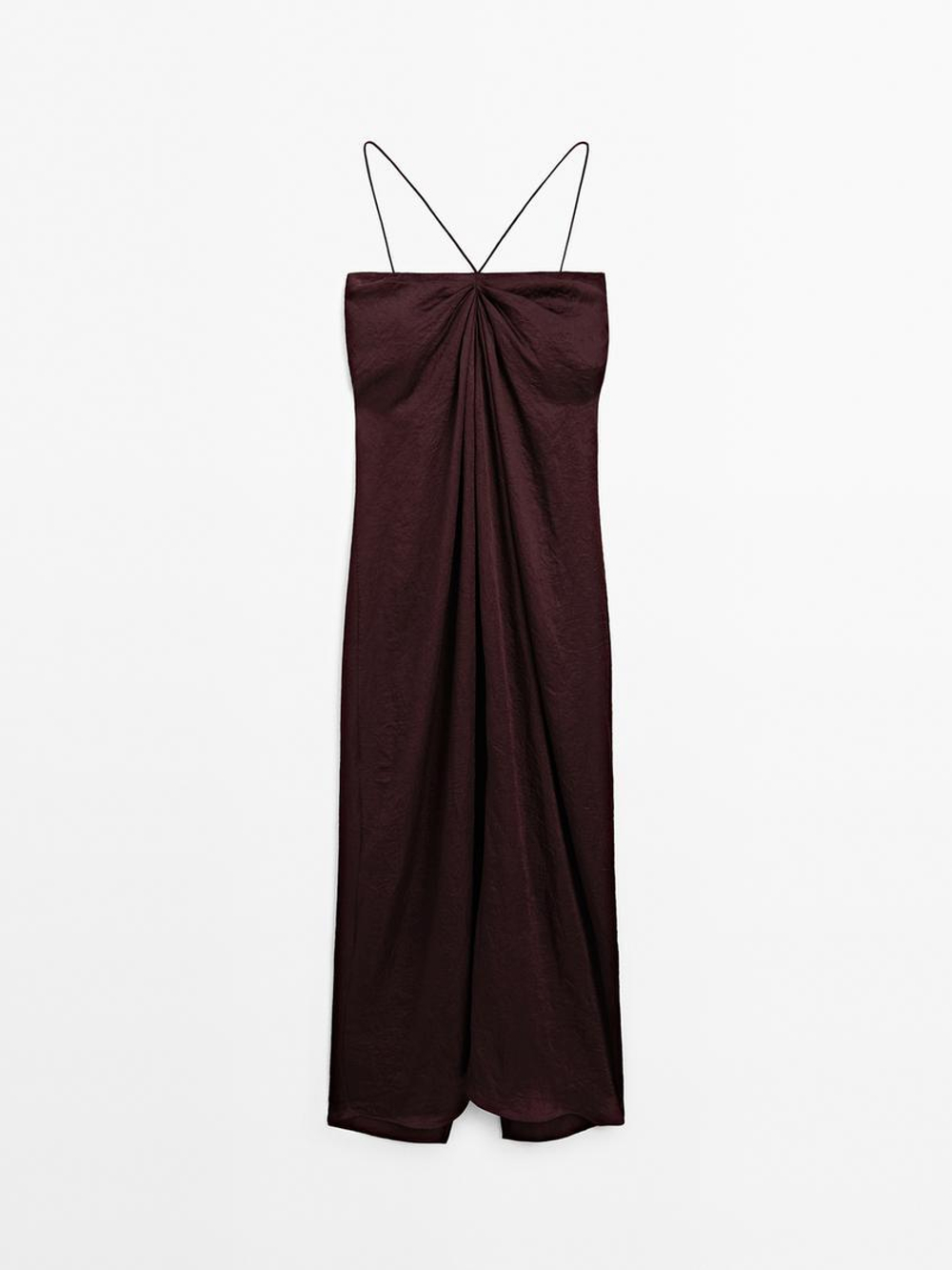 Massimo Dutti Платье миди из атласа с драпировкой, бордовый