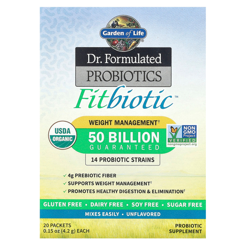 Garden of Life, Компания Dr. Формула пробиотиков, Fitbiotic ™, без добавок, 50 млрд КОЕ, 20 пакетиков по 4,2 г (0,15 унции)