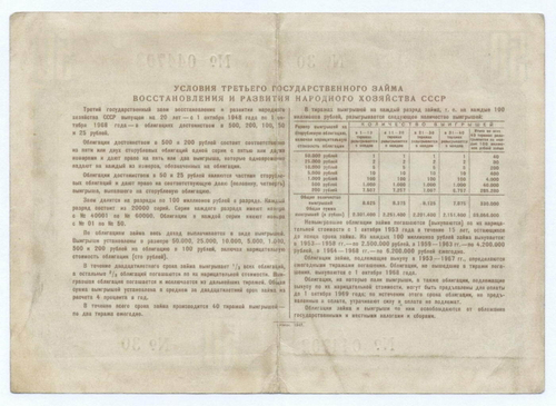 Облигация 50 рублей 1948 год. 3-ий заем восстановления и развития народного хозяйства. Серия № 044702. F-VF